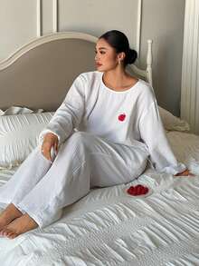 Dazy Plus 2pcs/Set Loose Long Sleeve Top And Long Pants Pajama Set, White, Spring/Summer - White - View 9