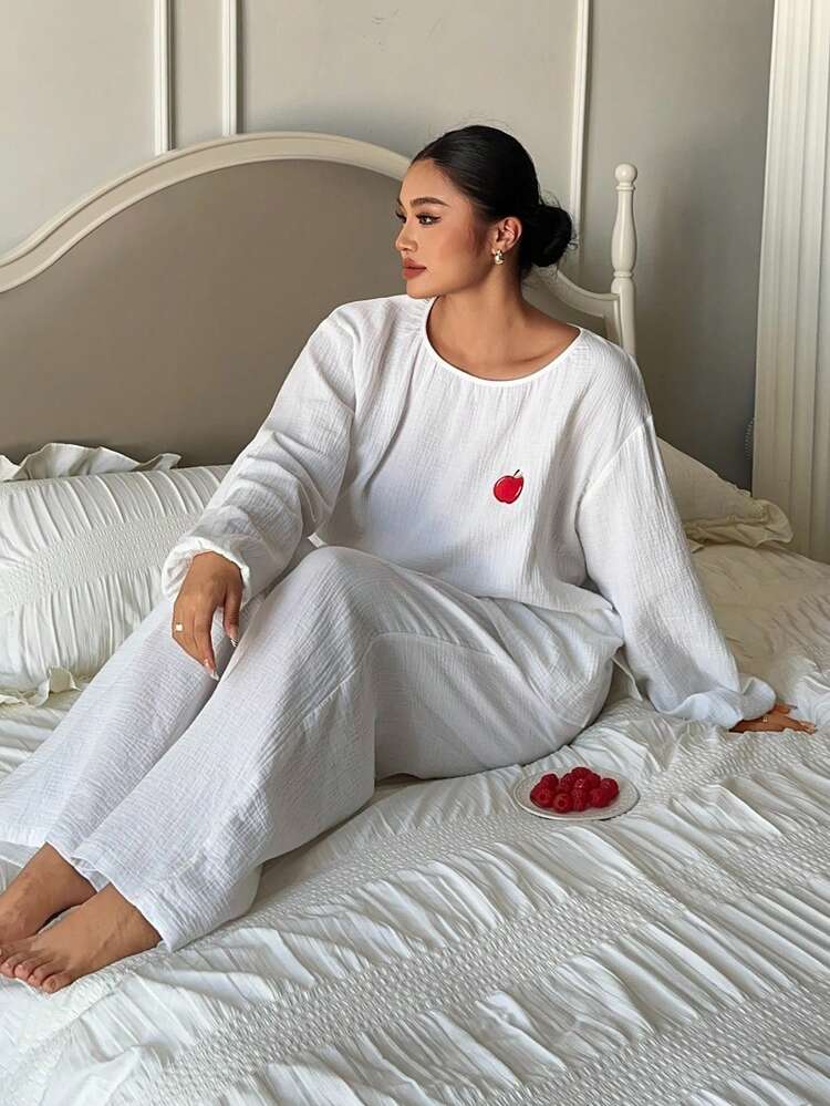Dazy Plus 2pcs/Set Loose Long Sleeve Top And Long Pants Pajama Set, White, Spring/Summer