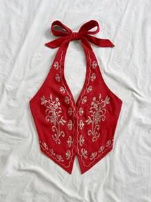 Soleia 女士度假红色底花卉刺绣露背蝴蝶结短款吊带背心，适合音乐节穿着 - 紅色 - 查看 6