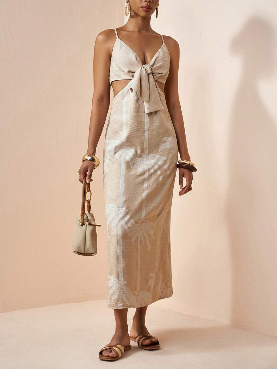 Zivah 2026 Casual Linen Vacation Distinctive Spaghetti Strap Front Tie Deep Khaki Printed Loose Long Dress - Khaki - View 1