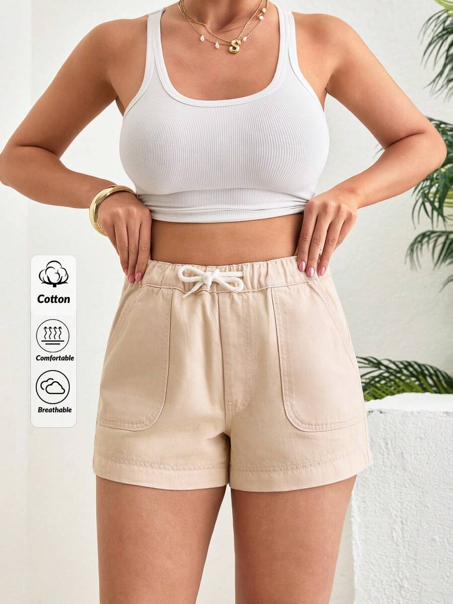 SHEIN Einfarbige, elastische Taille mit Kordelzug, Denim-Shorts - Braun - Übersicht 1