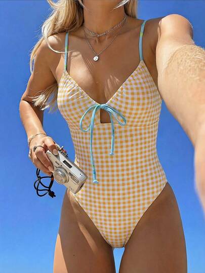 Swim Mod 女士连体泳衣，性感休闲度假简约甜美可爱露背连体泳装，春夏款