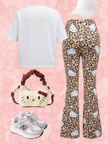 HELLO KITTY AND FRIENDS | SHEIN 2件套可爱休闲少女T恤和豹纹喇叭裤套装 - 彩色 - 查看 2