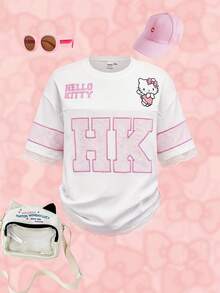 HELLO KITTY AND FRIENDS | SHEIN 少女字母卡通印花圆领短袖休闲T恤 - 白色 - 查看 1