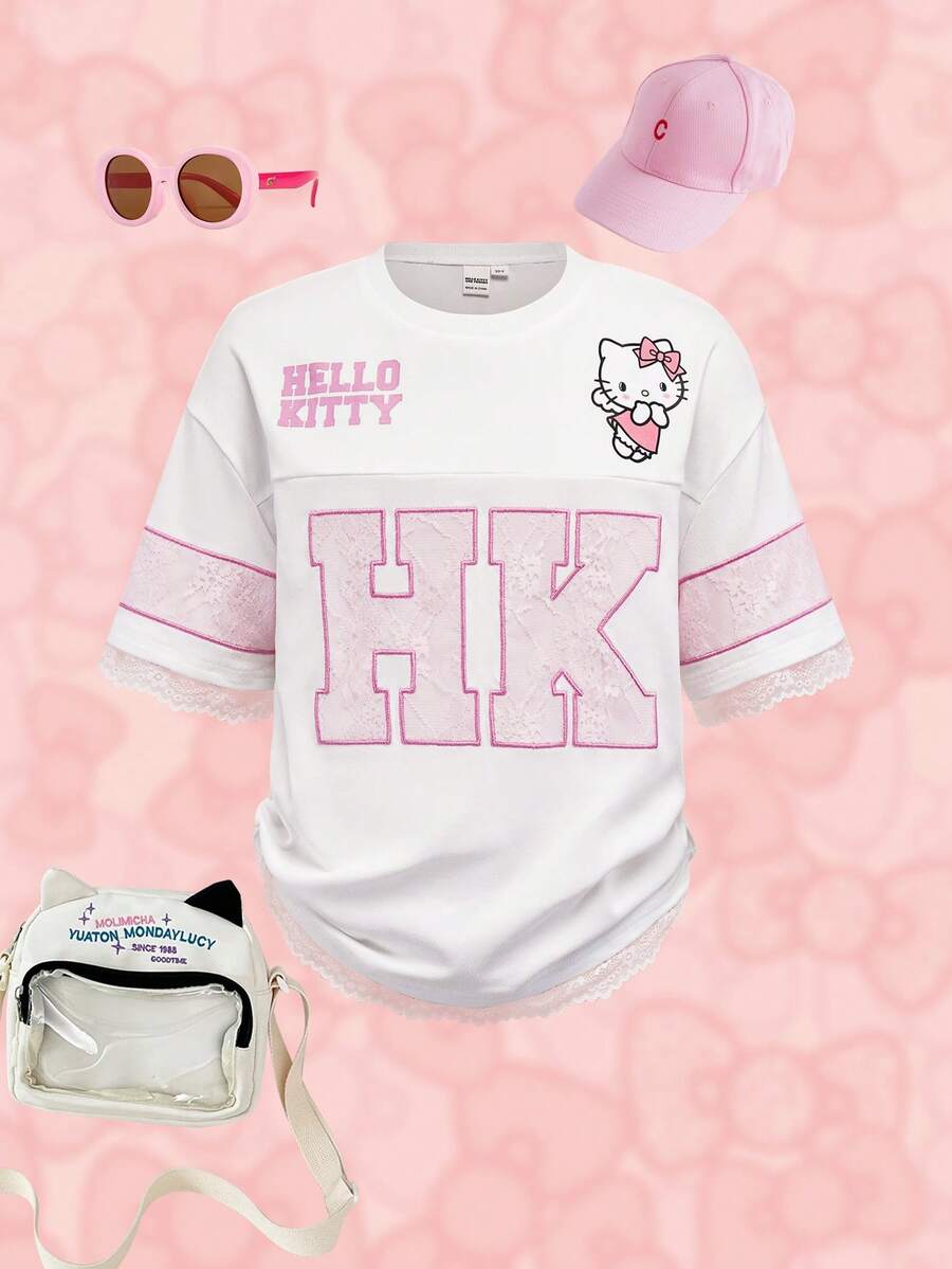 HELLO KITTY AND FRIENDS | SHEIN 少女字母卡通印花圆领短袖休闲T恤 - 白色 - 查看 1