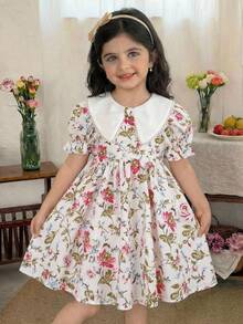 Emery Rose Kids 女童碎花泡泡袖休闲连衣裙，配彼得潘领 - 彩色 - 查看 4