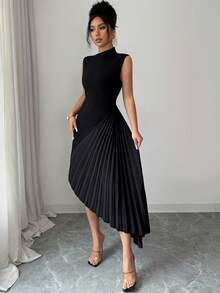 SHEIN PETITE 女士优雅设计感高领无袖不对称褶皱连衣裙 - 黑色 - 查看 4