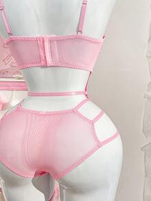 PetitDoll 4件套刺绣蕾丝钢圈女士内衣套装 - 粉色 - 查看 6