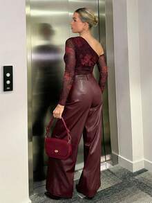 Bethéva Body de manga larga con hombros transparentes y estampado de leopardo para mujer - Rojo - Ver 2