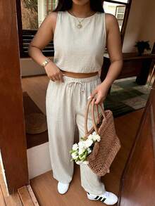 SHEIN EZwear Bộ đồ 2 món dành cho nữ cỡ lớn, màu trơn, cổ tròn, gồm áo tank top và quần dài cạp chun, kiểu dáng thường ngày. - Màu be - Xem 6