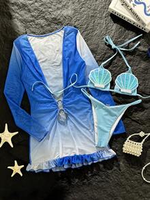 Bonvoyette 3件套渐变随机印花蓝色亮片扇形装饰挂脖比基尼上衣、下装和网纱长袖金色戒指配饰连衣裙，性感女士夏季沙滩度假泳装套装，女士沙滩装比基尼套装，含罩衫，女士夏季泳装上衣，含罩衫的夏季节日服装，女士派对服装，沙滩装，婚礼宾客礼服，女士优雅连衣裙，女士长袖上衣，女士沙滩罩衫，女士牛仔上衣 - 彩色 - 查看 8