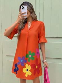 SHEIN Clasi 女士新款时尚优雅V领黑色印花休闲通勤时尚夏季连衣裙 - 橘色 - 查看 6