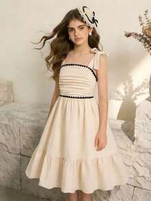 SHEIN 少女时尚优雅编织吊带连衣裙 - 杏色 - 查看 2