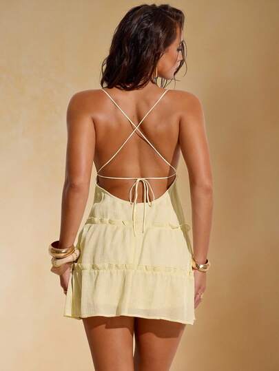 SHEIN BAE Vestido mini amarillo sólido con espalda descubierta y tirantes de amarre en forma de A, sexy y lindo, adecuado para reuniones con hermanas, vacaciones, resorts de playa, salir con hermanas, fiestas de cóctel, un vestido adorable y juguetón, vestido corto amarillo