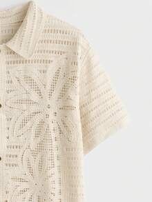 EASEVO 加大码男士棕榈树镂空短袖单排扣开衫 - 杏色 - 查看 6