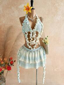 Soleia Women's Frill Trim Knit Halter Top And Double Frill Trim Knit Midi Skirt Set - Multicolor - View 3