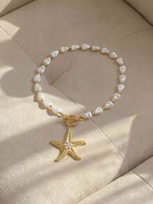 Resyla 1pc Bohemian Beach Seaside Holiday Starfish Pendant Pearl Necklace, Simple Jewelry Accessory For Daily, Holiday, Party, Dress Matching - Pendant Necklace - View 3