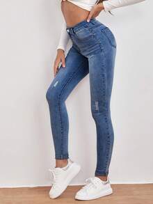 EMERY ROSE High Waist Ripped Detail Skinny Jeans Winter - Medium Wash - View 5