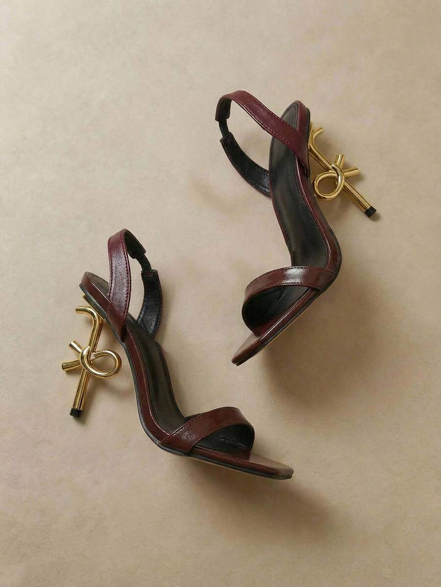 Arave 2025 Summer New High Heel Sandals, Stiletto Heel, Sexy Strap, Elegant Square Toe, Versatile, Gold Shoes - Burgundy - View 1