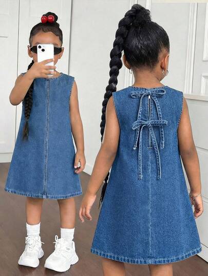 Young Girl' Blue Denim Sleeveless Loose Dress,Summer Outfits,Casual And Fashionable Vacation Outfits,Street Wear,2000s Style ,Comfortable And Soft Denim,Comfortable And Soft Denim Pant,Cute Vacation Print  Dress
