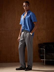 AKNOTIC Solid Color Front Button Casual Versatile Summer Short Sleeve Woven Shirt - Blue - View 5