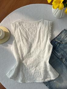 Elamini Women's Summer White Embroidered Fabric Deep V-Neck Ruffle Trim Casual Vacation Blouse - White - View 2