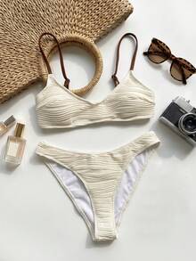 Vaytide Bộ bikini hai mảnh dành cho nữ, kiểu dáng thời trang, dễ thương, gợi cảm, thích hợp cho kỳ nghỉ biển, tiệc bể bơi, màu trơn, chất liệu vải có họa tiết, dây đeo mảnh điều chỉnh được, gồm áo và quần bikini siêu nhỏ. - Nhiều màu - Xem 3