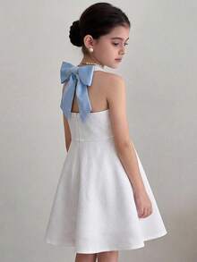 SHEIN Tween Girls Embroidered Butterfly Contrast Color Halter Neck Fitted Dress,Kids - Blue and White - View 2