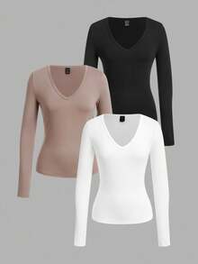 SHEIN EZwear 3 件套女式深 V 领弹力长袖打底 T 恤套装，适合秋冬季 - 彩色 - 查看 1