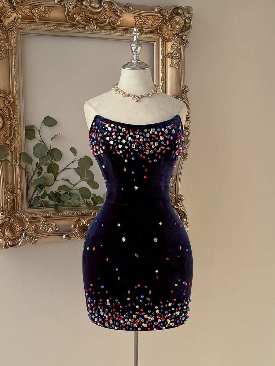 Lovelzi Elegant Luxurious Velvet Black Strapless High Waist Slim-Fit Bodycon Mini Dress With Rhinestone Embellishments,Suitable For Parties,Weddings&Formal - Navy Blue - View 1