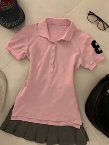 SHEIN 女士休闲数字印花短袖T恤，夏季 - 粉色 - 查看 4