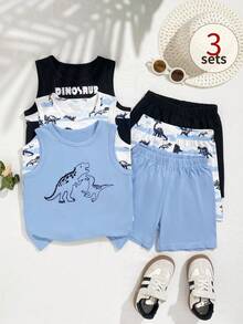 Playful Pals Set de 6 piezas de chaleco sin mangas y pantalones cortos de cintura elástica para niños pequeños, con estampados de dinosaurios, letras, rayas y palmeras, para uso casual diario y playa, para primavera/verano - Multicolor - Ver 10
