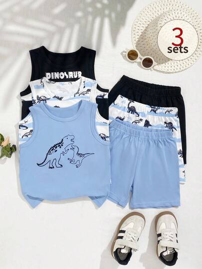 Playful Pals 6pcs/Set Young BoySleeveless Vest & Elastic Waist Shorts, Dinosaur, Letter, Stripe, Palm Tree Prints, Casual Everyday & Beach Wear, Spring/Summer