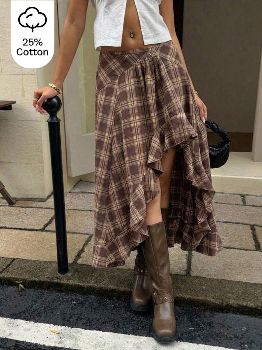 MainGRL SHEIN 春夏女装青春活力休闲高开衩荷叶边格纹中长裙，春夏女装，休闲女装，外出穿着 - 彩色 - 查看 1