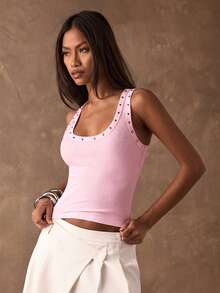 SHEIN BAE Women's Solid Color Rivet Design Ribbed Casual Tank Top,Summer Top - Baby Pink - View 5