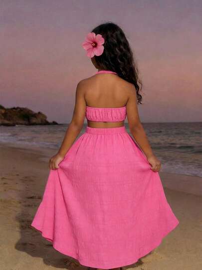 Sparklyn Summer Outfits Tween Girls' Casual Solid Color Textured Halter Backless Squishy Dress, Summer Long Skirt Pink Two Piece Set Tween Pink Skirt Set Pink Skirt Set Girls