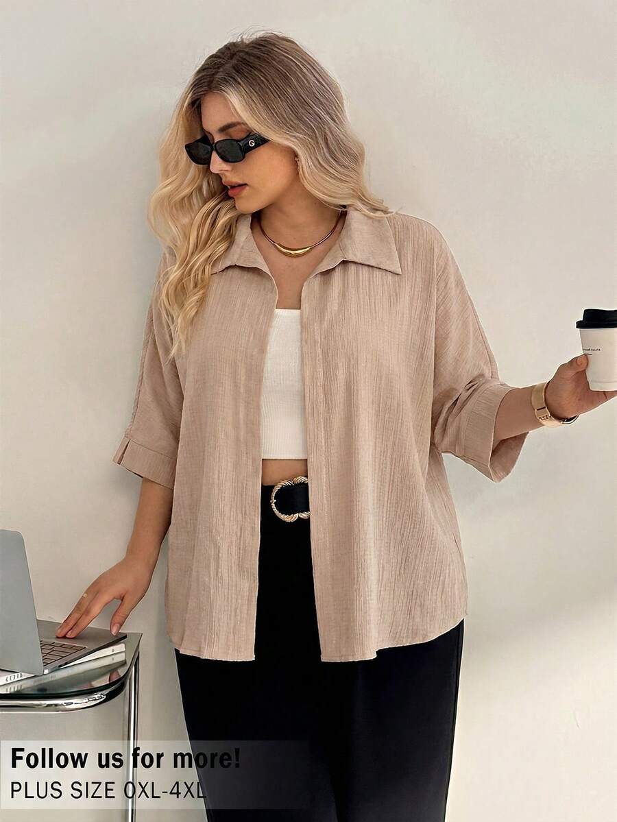 Auralis Áo sơ mi nữ cỡ lớn màu trơn dáng rộng tay ngắn thường ngày - Màu Khaki - Xem 1