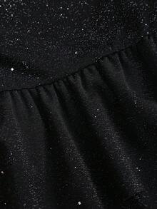 Sweetra Petite Women's Solid Color Shiny Pleated Double Ruffle Hem Fashionable Strapless Dress - Black - View 4