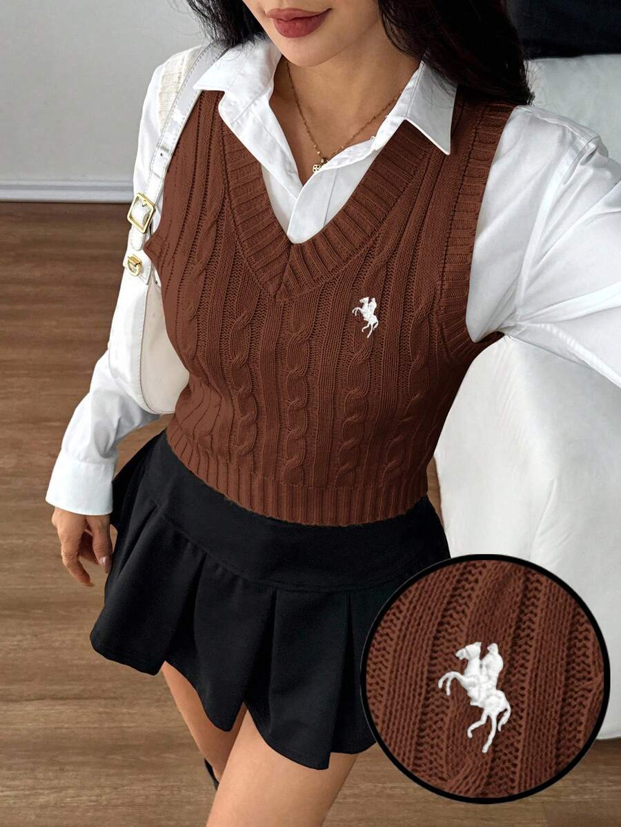 SHEIN PETITE 女士休闲百搭通勤针织背心 - 咖啡棕 - 查看 1