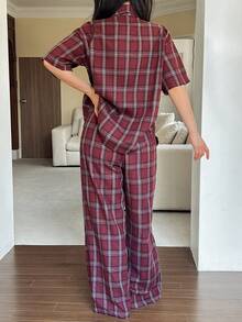 DAZY Bộ đồ ngủ 2 món gồm áo cardigan tay ngắn kẻ caro và quần dài ống rộng cho nữ, thích hợp cho mùa hè. - Màu Đỏ Sâu - Xem 2