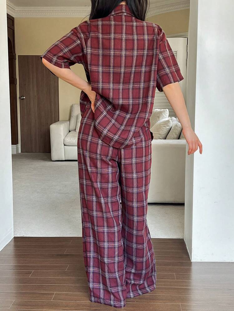 2pcs Plaid Pattern Short Sleeve Cardigan Shirt Top And Loose Straight Long Pants Pajama Set For Women, Summer
