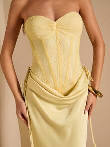 SHEIN BAE 女士黄色蕾丝抹胸上衣搭配缎面鱼尾裙摆连衣裙，黄色连衣裙，婚礼宾客礼服，正式礼服，约会礼服，优雅连衣裙 - 黃色 - 查看 7