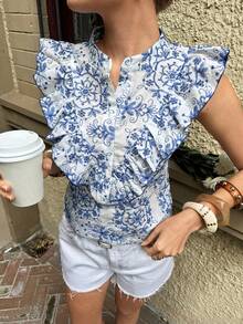 Serisse 女士夏季休闲花卉刺绣荷叶边下摆衬衫 - 藍白色 - 查看 3