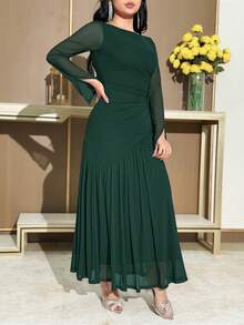 Feyla Đầm dài tay xếp ly cổ tròn màu trơn thanh lịch dành cho nữ - Màu xanh lá cây đậm - Xem 3