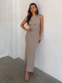Aloruh Vestido largo de mujer elegante y sexy con hombros descubiertos y cintura ajustada, de sensación de lino - Caqui - Ver 8
