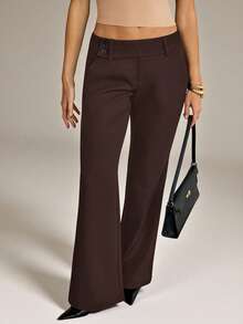 SHEIN Tall Quần nữ cạp thấp màu trơn, quần đen - màu nâu - Xem 3