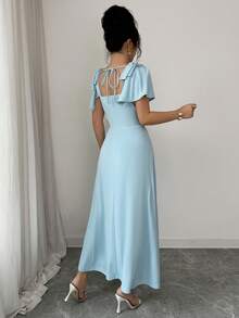 Elenzga 女士纯色方领蝴蝶结肩部设计优雅连衣裙 - 藍色 - 查看 2