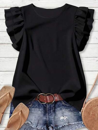 Mellowie Camisa de mujer de estilo minimalista casual con cuello redondo, doble capa y mangas con volantes, versátil para principios de otoño