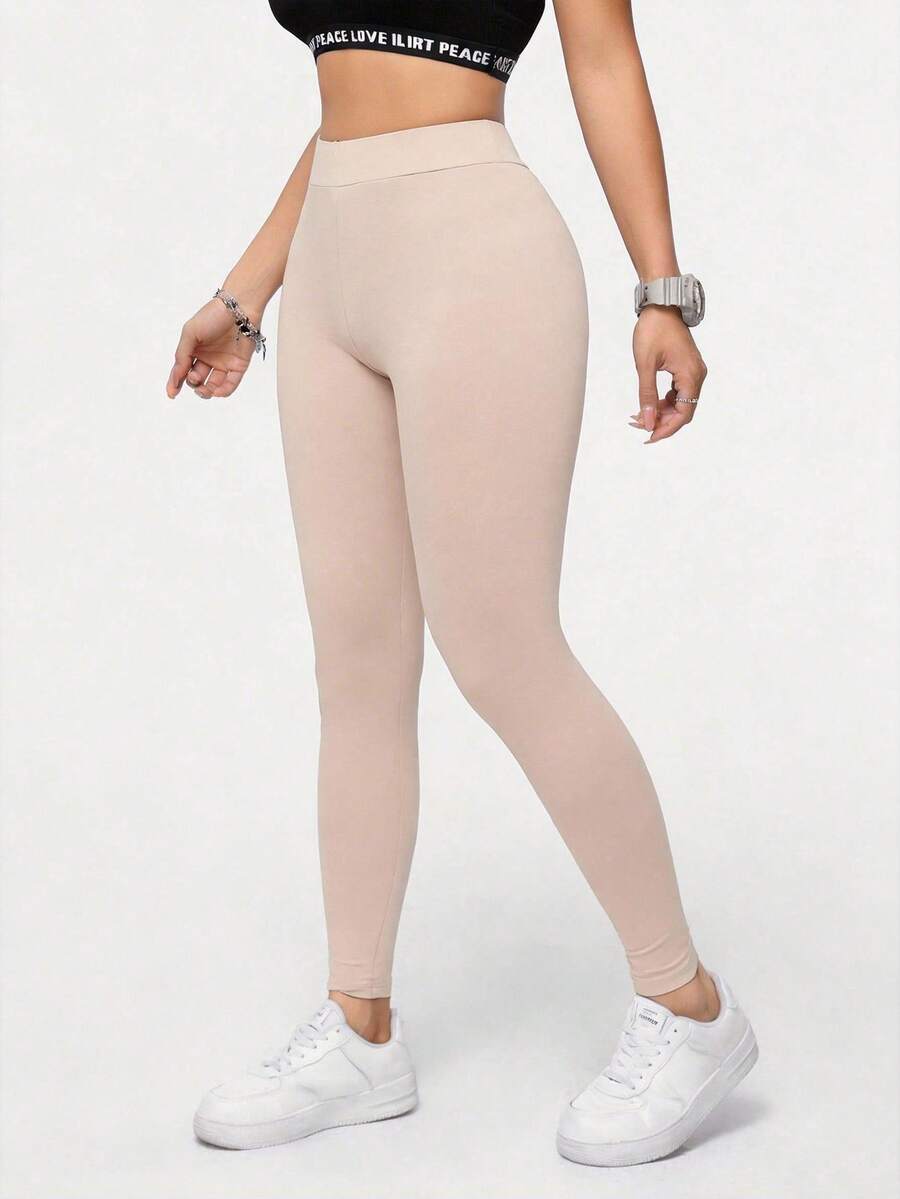 SHEIN Essnce 纯色浅卡其色休闲运动针织紧身裤，适合夏季运动，轻薄透气，适合瑜伽、时尚运动和芭蕾舞等场合。 - 卡其色 - 查看 1