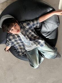 DAZY Tween Boy Plaid Short Sleeve Single-Breasted Casual Loose Shirt Summer - Blue - View 1